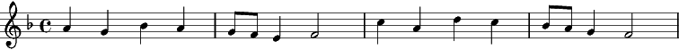 {\key f \major a4 g bes a | g8 f e4 f2 | c'4 a d c | bes8 a g4 f2 }