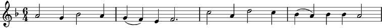 {\time 6/4 \key f \major a2 g4 bes2 a4 | g( f) e f2. | c'2 a4 d2 c4 | bes4( a) bes bes a2 }
